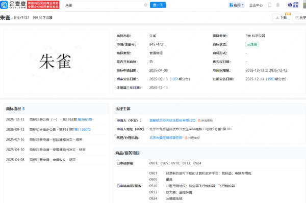 配资宝app官方网站 蓝箭航天成功注册一枚“朱雀”商标